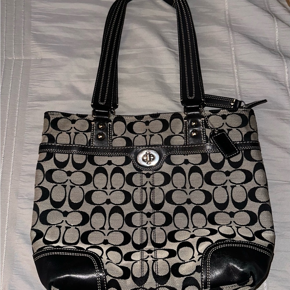 Coach Black and Beige Signature Canvas Shoulder Tote
